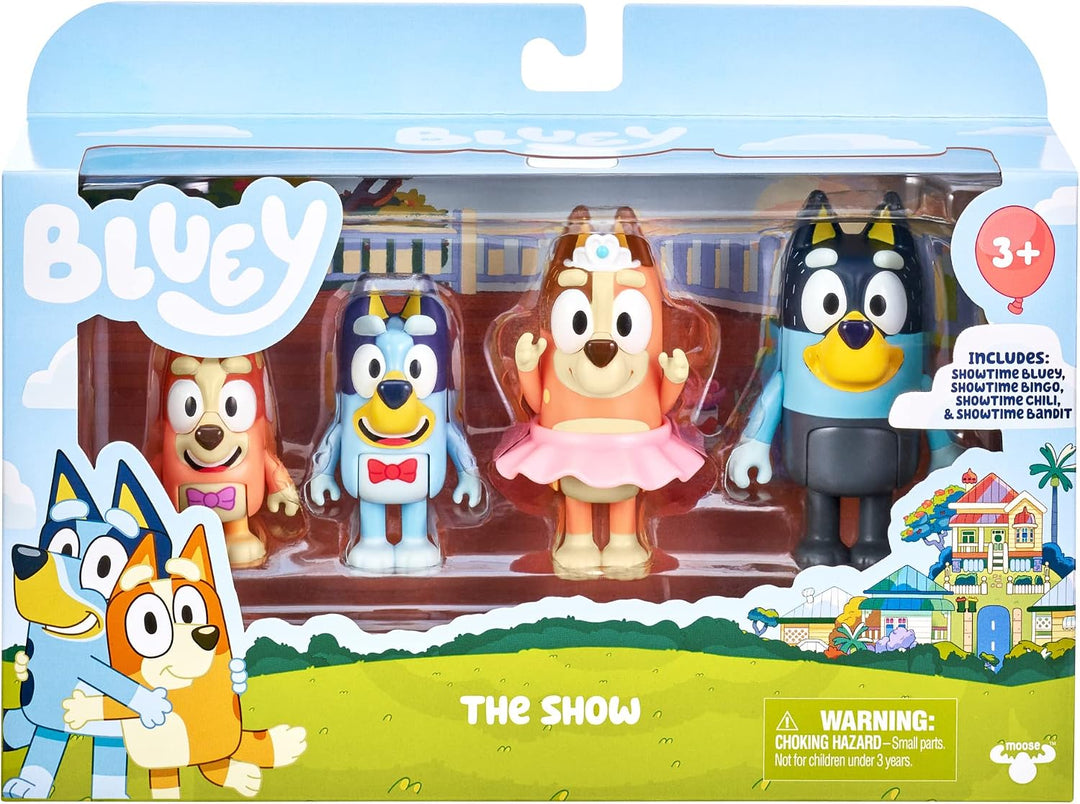 Bluey "The Show 4er-Pack 6,3–7,6 cm offizielle Actionfiguren, Bingo, Chili (Mama) und Bandit (Papa)