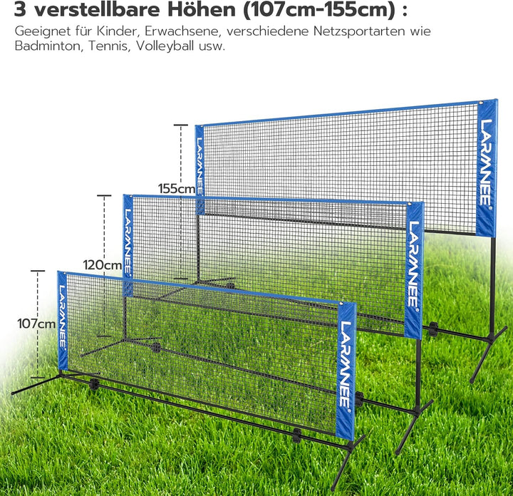 LARMNEE Badmintonnetz, Volleyballnetz, Federballnetz, 3-Fach-Höhenverstellbar 107/120/155cm, Tragbar