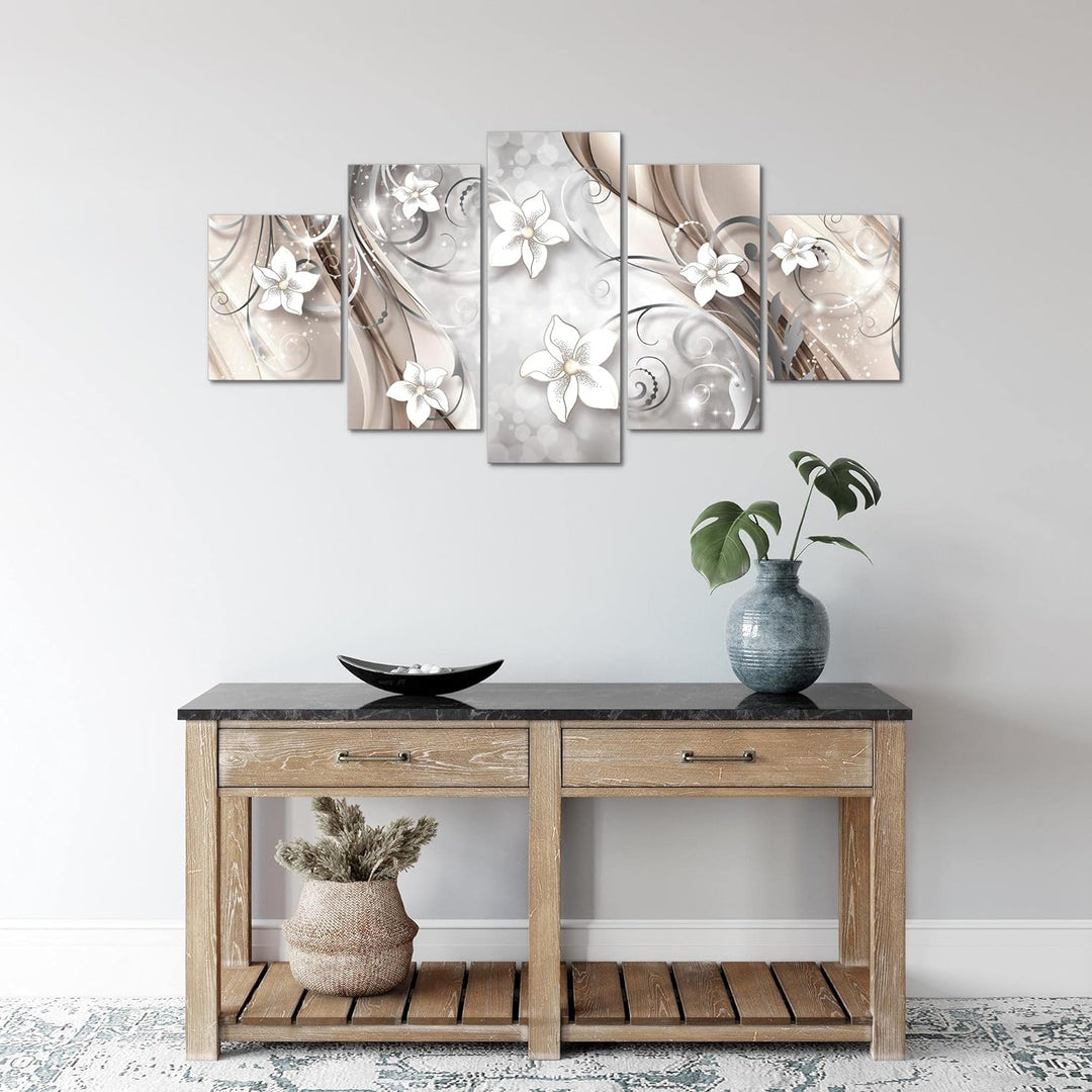 Runa Art Wandbilder Abstrakt Blumen 5 Teilig Bild auf Vlies Leinwand Deko Wohnzimmer Vintage Beige B