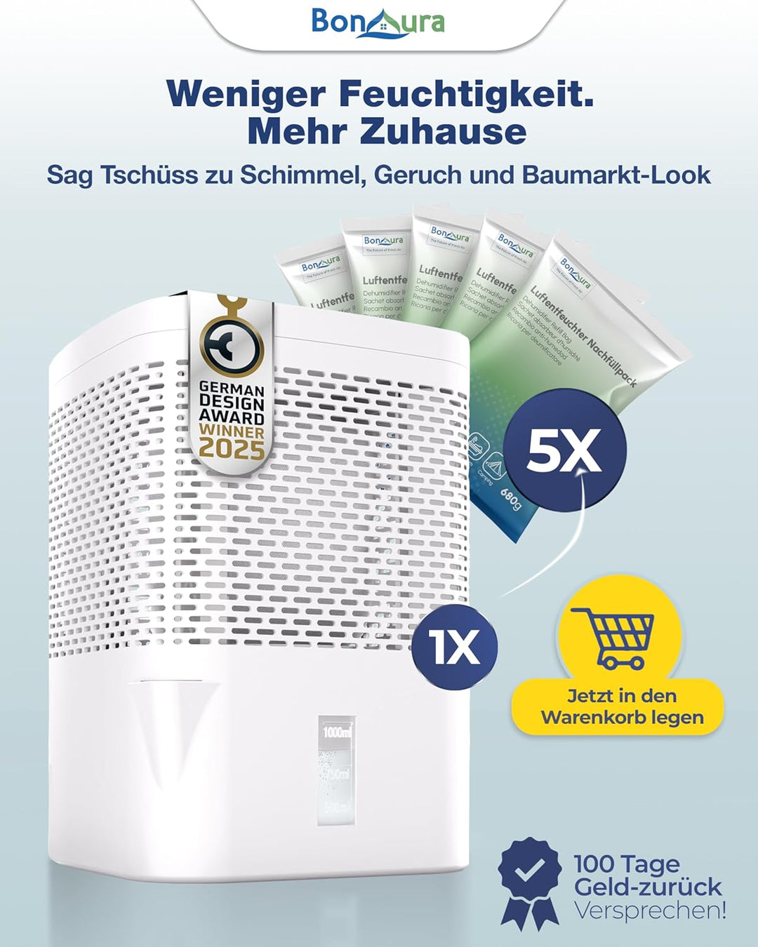 BonAura® AirOne Luftentfeuchter ohne Strom bis 23m² I 360° Belüftung I Raumentfeuchter mit Ausgiesse