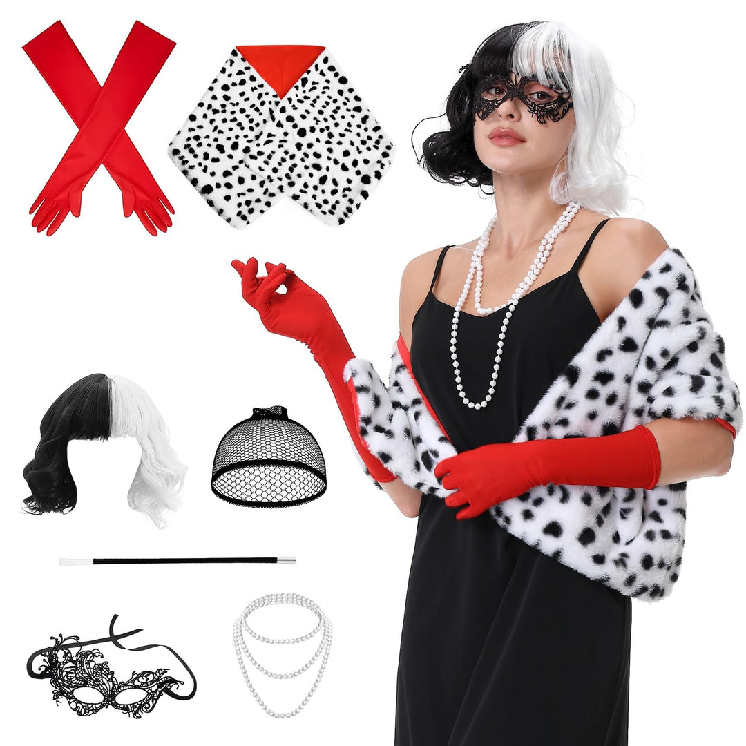 Aragallant Cruella Kostüm Damen, Kurze Schwarze und weisse Perücke, Halloween Kostüm Damen Set, 70er
