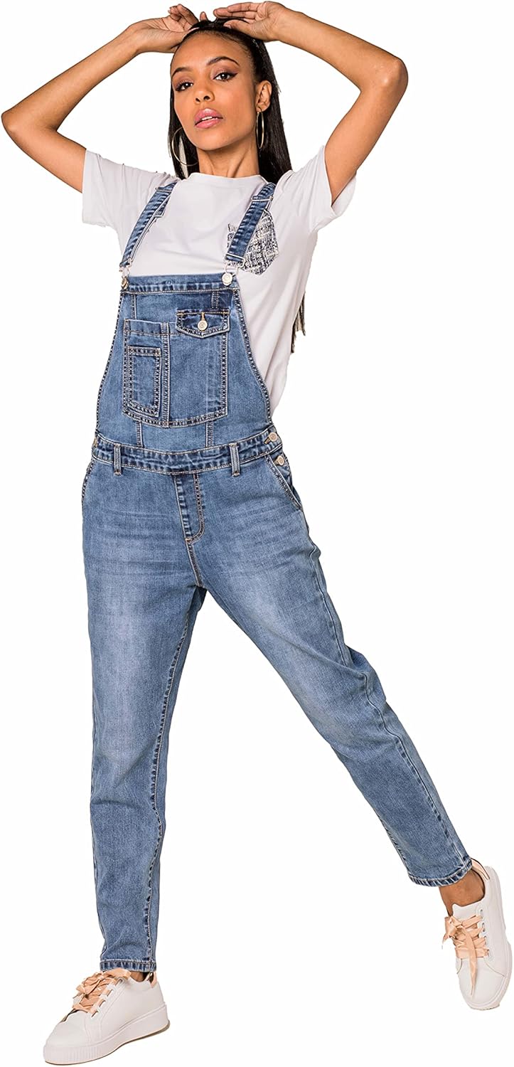 Nina Carter Damen Latzhose Jeans Boyfriend Denim Overall Jumpsuit Used-Look Sommeroverall, Blau (S51