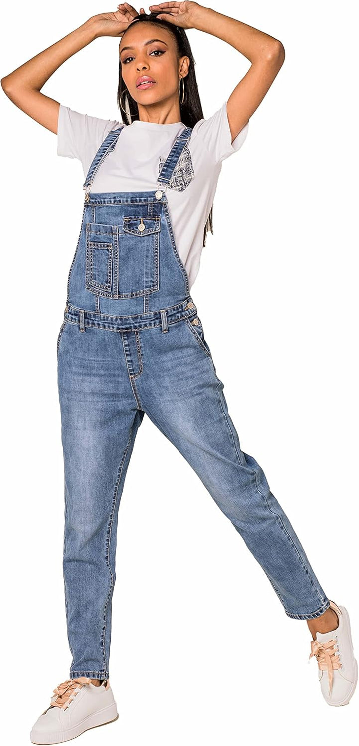 Nina Carter Damen Latzhose Jeans Boyfriend Denim Overall Jumpsuit Used-Look Sommeroverall, Blau (S51