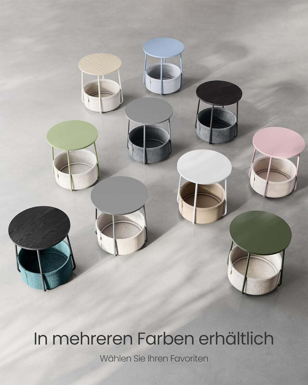 VASAGLE Beistelltisch rund, Kleiner Tisch, Couchtisch klein, Wohnzimmertisch, Korb aus Stoff, Staura