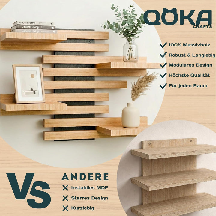 Wandregal Holz Hängend - Modulares Bücherregal Set aus Massivholz - Schwebendes Regalbrett für Wohnz