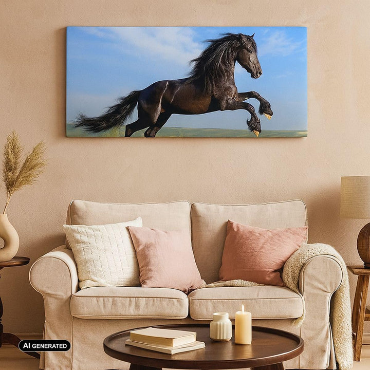 Wandbilder Dekoration Wohnzimmer Schwarzes Pferd Pferd Galopp Panorama Bilder auf Leinwand 120x50cm