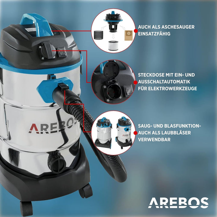Arebos Industriestaubsauger 1600W | Nass- &amp; Trockensauger | Aschesauger für Kamin &amp; Grill | Mehrzwec