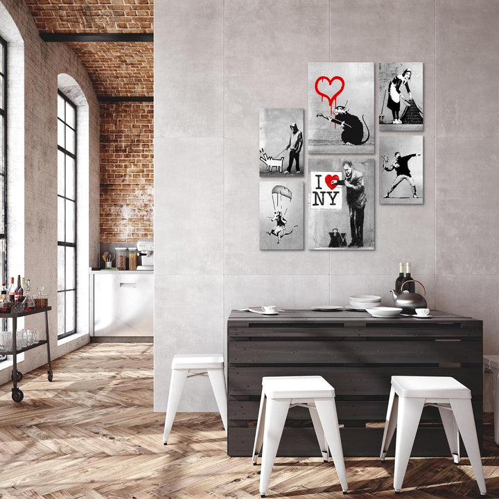 Novart Bilder Set - AUFHÄNGFERTIG - KEIN EXTRA RAHMEN BENÖTIGT - Banksy Collage Modern Street Art -