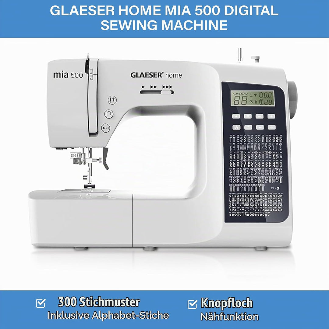 GLAESER Digitale Nähmaschine Home mia 500 300 Stich-Varianten Doppelnadel LED Display Einklappbarer