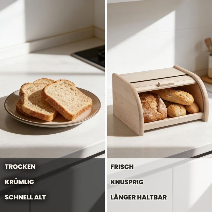 Brotkasten Holz 30,5 x 26 x 15,5 cm - Brotbox aus Buchenholz mit grosser Öffnung und Rolltop, die di