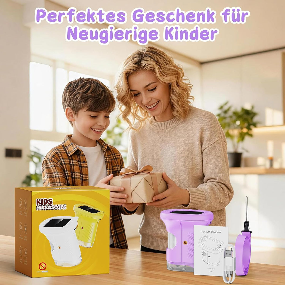 Tragbares Mikroskop für Kinder, 1000x Digitales Handmikroskop Kinder mit 2,4 Zoll IPS Bildschirm, Fo