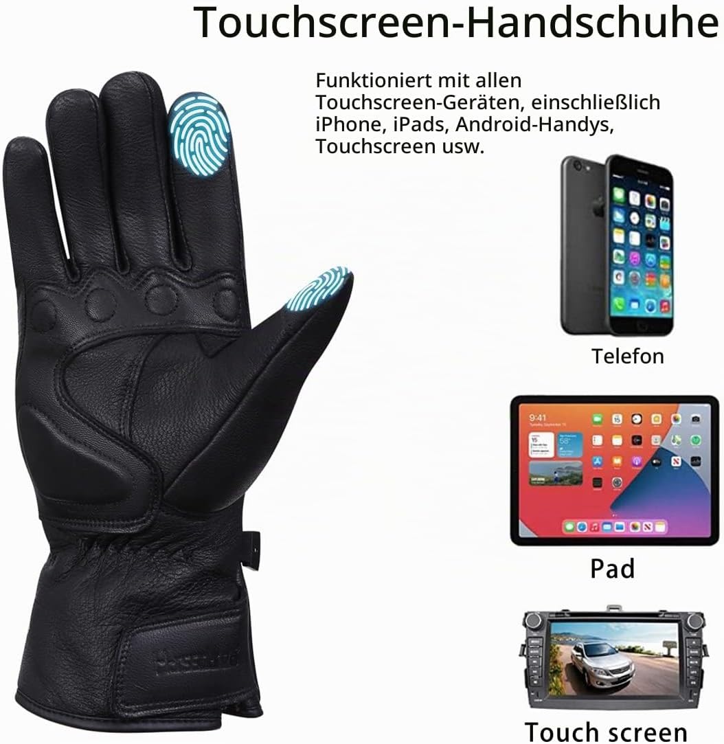 Harssidanzar Herren Winter Motorradhandschuhe,echtes Leder Vollfinger Touchscreen Thermisch gefütter