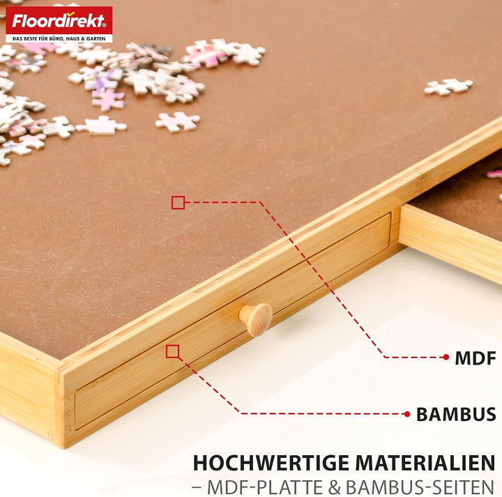 Floordirekt Puzzletisch mit Schubladen, 76x57cm Tragbares puzzlebrett für Puzzle bis 1000 aus Bambus