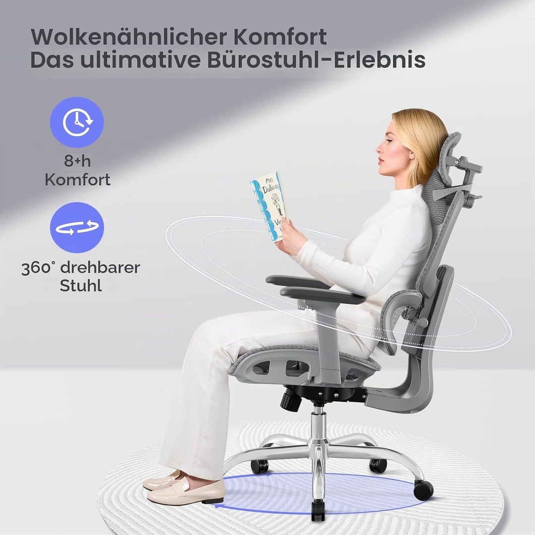 Ergonomischer Bürostuhl Schreibtischstuhl, Netzstoff Drehstuhl mit 2D-Lendenwirbelstütze &amp; 3D-Kopfst