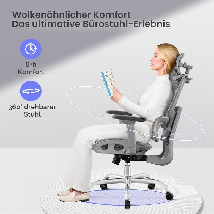 Ergonomischer Bürostuhl Schreibtischstuhl, Netzstoff Drehstuhl mit 2D-Lendenwirbelstütze &amp; 3D-Kopfst