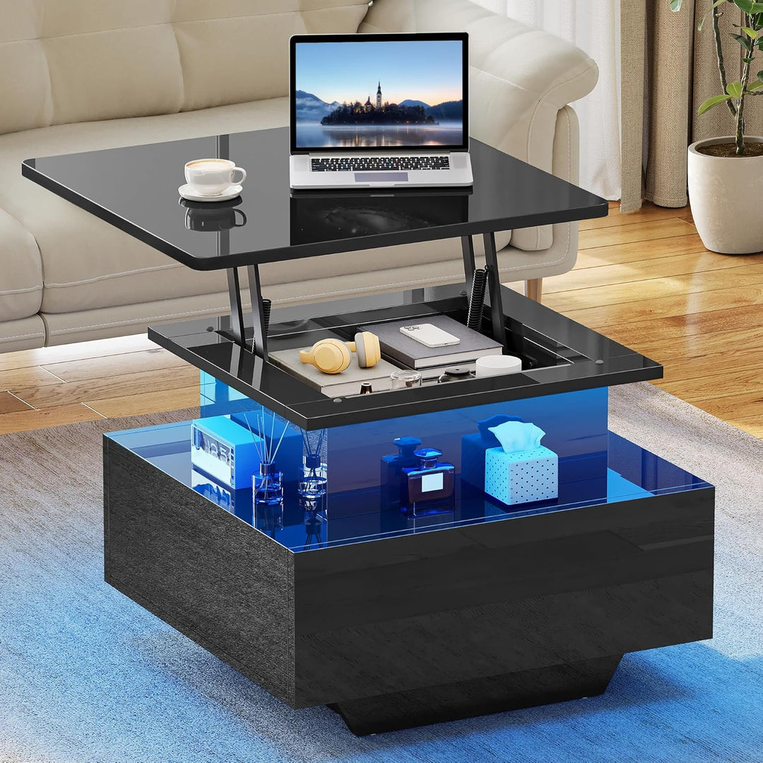 YITAHOME Couchtisch Höhenverstellbar mit LED Beleuchtung Modern, 60x60x45cm, Wohnzimmertisch Hochgla