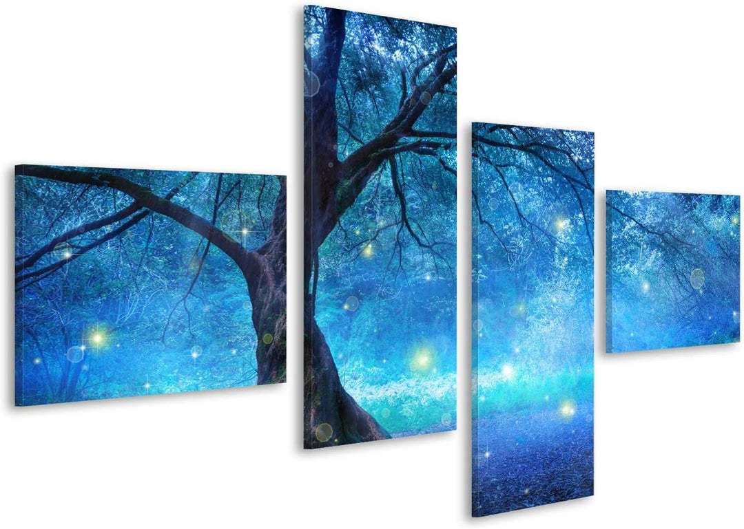 Bild auf Leinwand Feenbaum im mystischen Wald Wandbild Poster Leinwandbild 150x80 4-teilig, 150x80 4