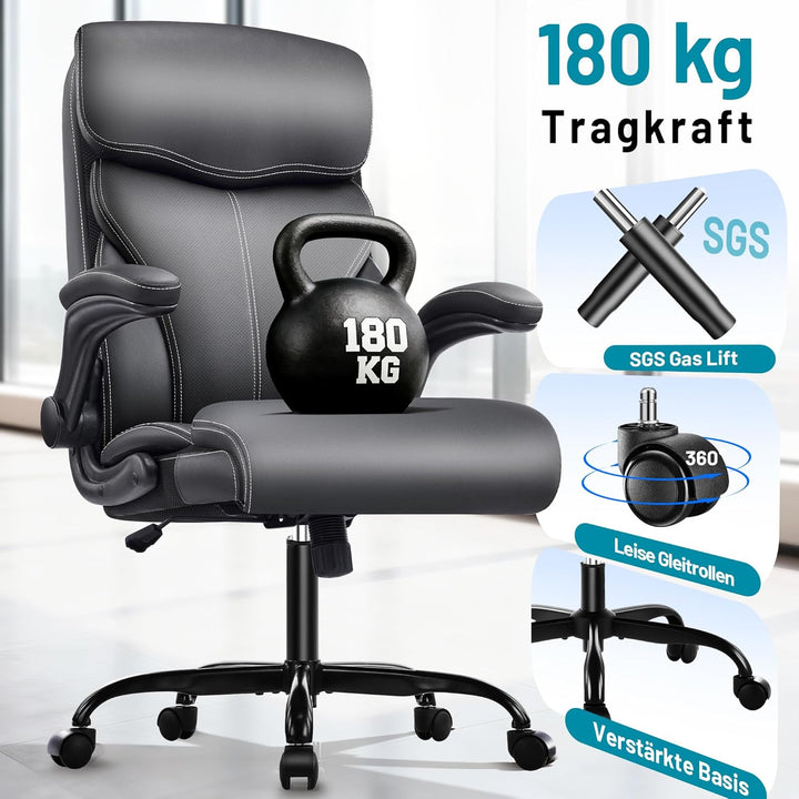 Chefsessel aus PU-Kunstleder, Bürostuhl Ergonomisch mit Verstellbaren Armlehnen und Hoher Rückenlehn