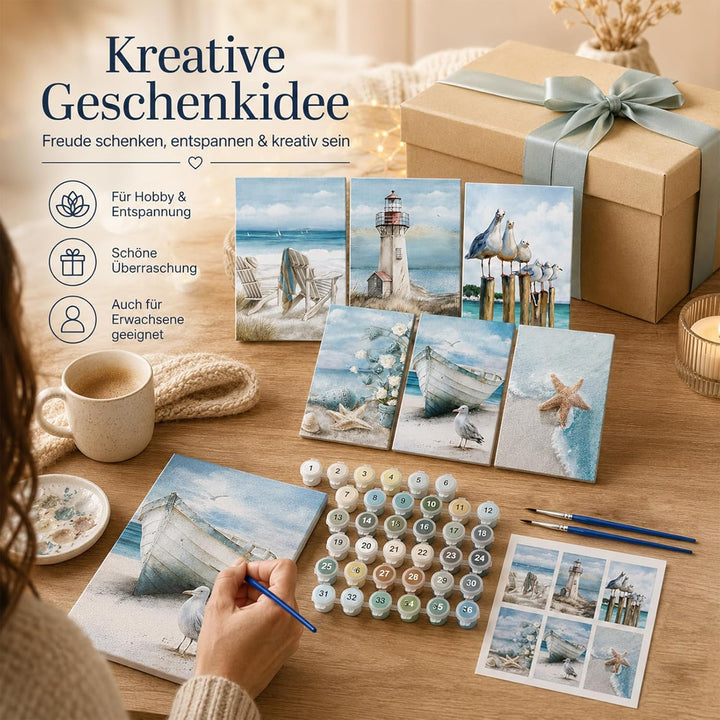 SASMoiyug 6 Stück Malen nach Zahlen Erwachsene, DIY am Meer Sandstrand Malen nach Zahlen Set Mit 6 P