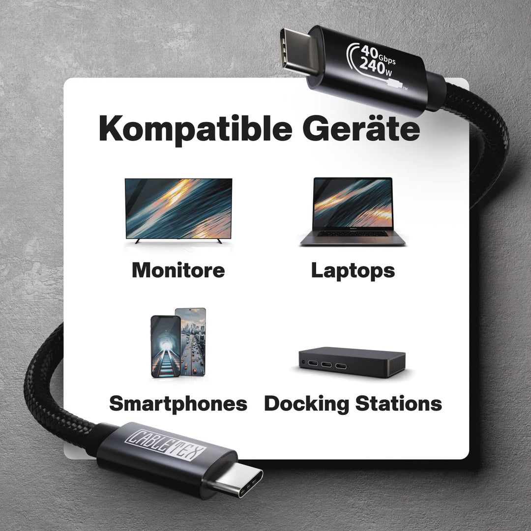 CABLETEX USB 4 Kabel 200cm, Unterstützt 8K HD Display, 40 Gbit/s Datentransfer, 240W USB-C auf USB-C