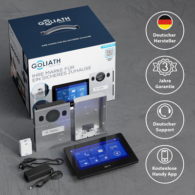 GOLIATH Basic Video Türsprechanlage, 2 Draht Bus, 7 Zoll Monitor, Aufputz Türklingel mit Kamera, Geg