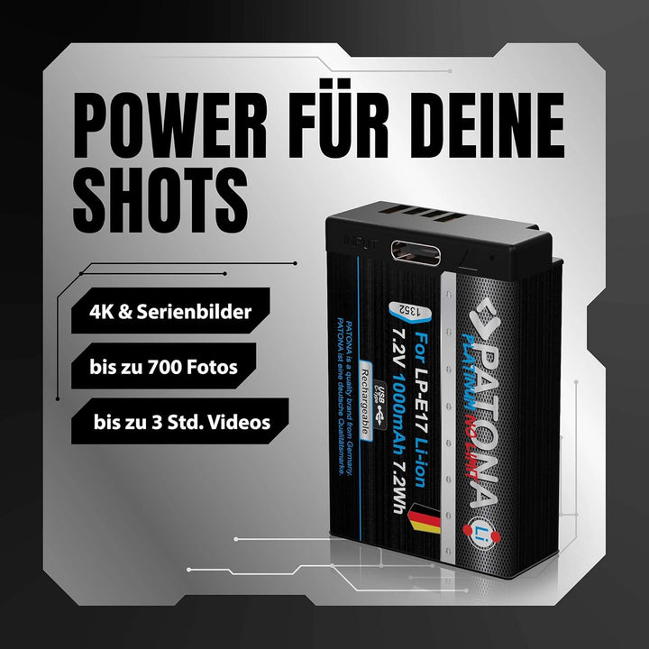 PATONA 2X Platinum Akku Ersatz für Canon LP-E17 LPE17 mit USB-C, 1000mAh | Ersatzakku für EOS RP R10