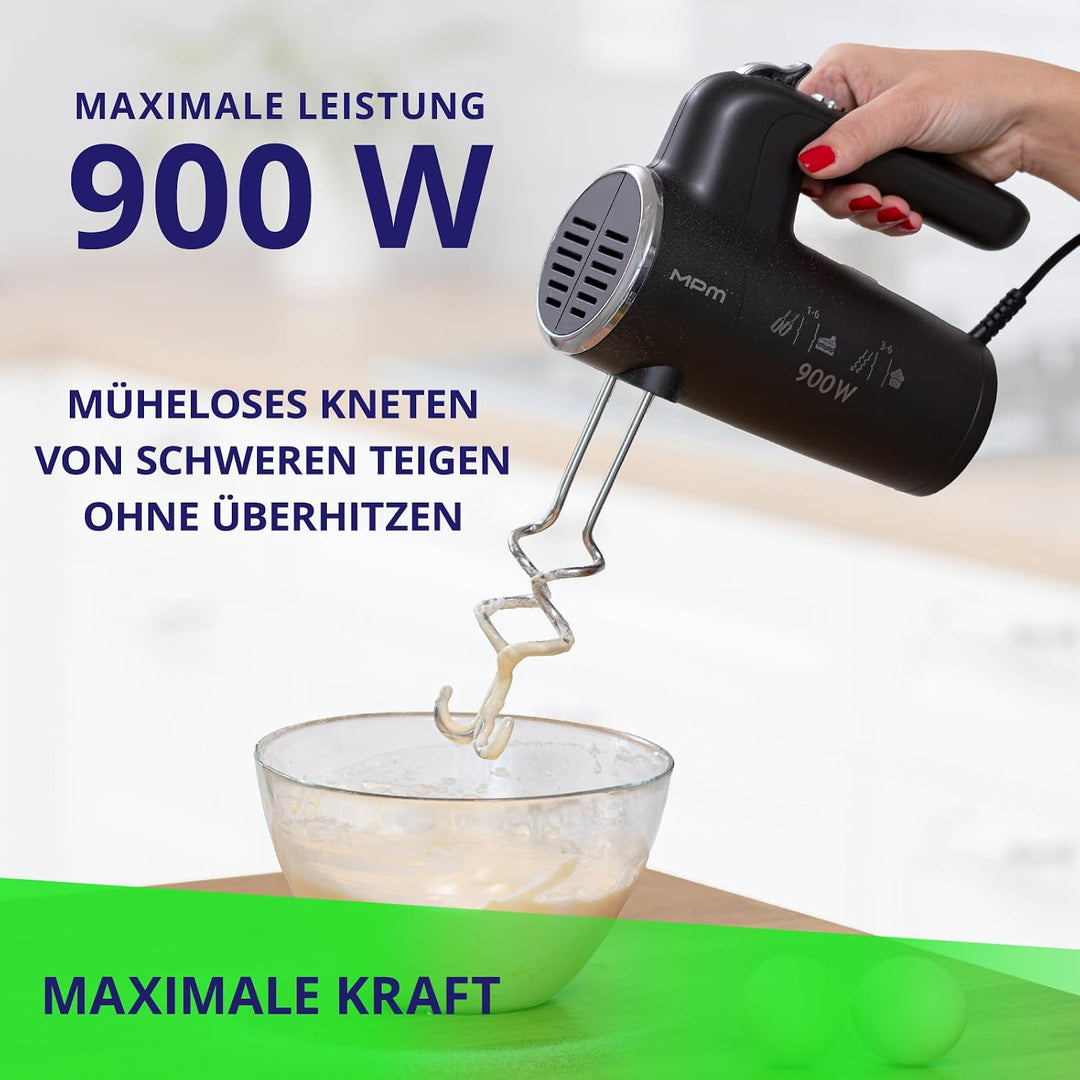 MPM Handmixer mit 2 Rührbesen und 2 Knethaken - 6 Geschwindigkeiten mit Turbotaste - 900 W - Anthraz