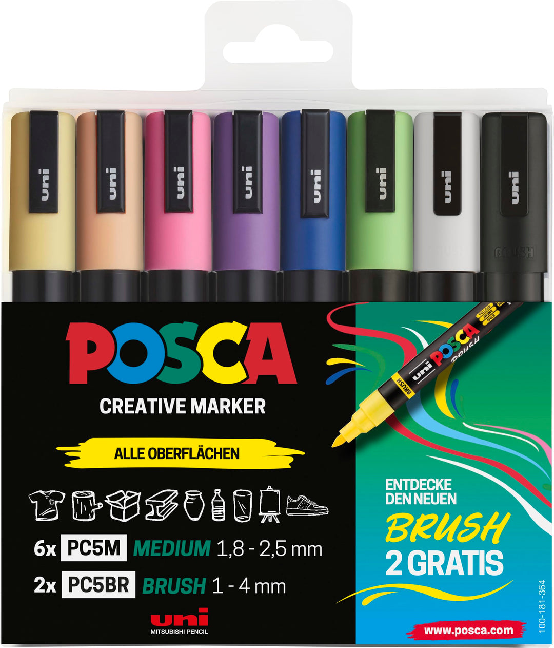POSCA - Acrylmarker Set PC-5M & PC-5BR 8 Farben | Marker mit 1,8-2,5 mm Rundspitze & 1-4 mm Brush-Sp