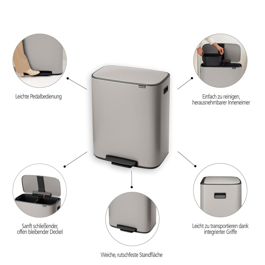 Brabantia Bo Tretmülleimer – 2 x 30 l Inneneimer (Soft Grey) Grosser Abfalleimer-/Recycling Behälter
