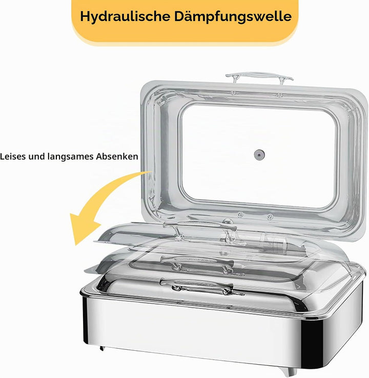 Chafing Dish Elektrisch, 9L Edelstahl Speisewärmer Buffetwärmer mit Sichtbarem Glasdeckel, Kommerzie
