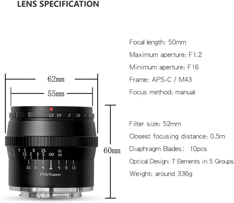 TT Artisan 50mm F1.2 APS-C Objektiv Anschluss MFT Mount Black Manueller Fokus optischer Aufbau 11 El