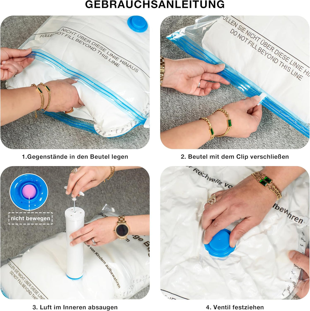 Vakuumbeutel für Kleidung und Bettdecken 8er Pack 3-100x80 cm, 3-80x60cm, 2-70x50 cm,Luftpumpe, Vacu