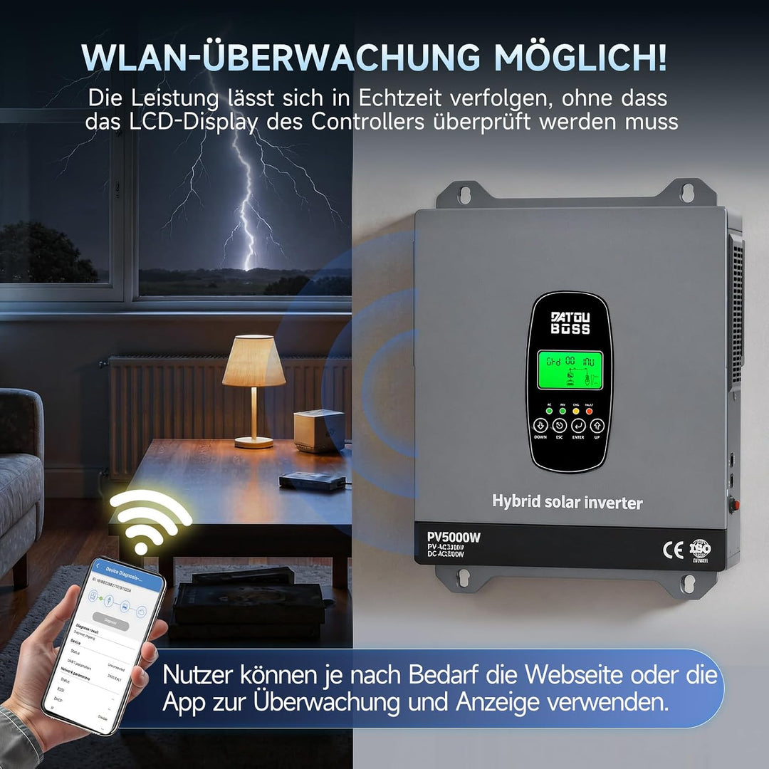 DATOUBOSS 3300W Hybrid Solar Wechselrichter 24V Reiner Sinus, DC 24V auf 220V/230V AC mit MPPT Solar