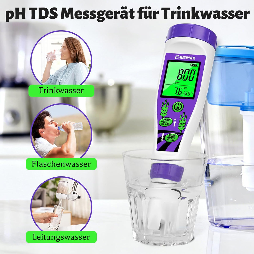 pH EC Messgerät für Wasser Hydrokultur, Digitales pH TDS Messgerät für Trinkwasser mit Simultaner An