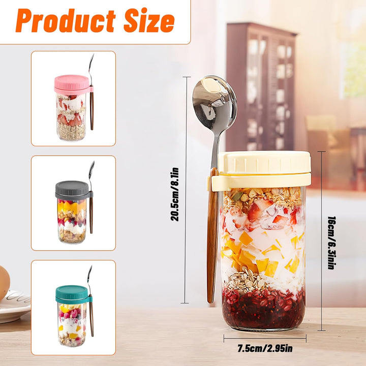 4 Stück Glas Müslibecher to go mit Deckel und Löffel, 600ml Overnight Oats Gläser Mason Jars mit Mes