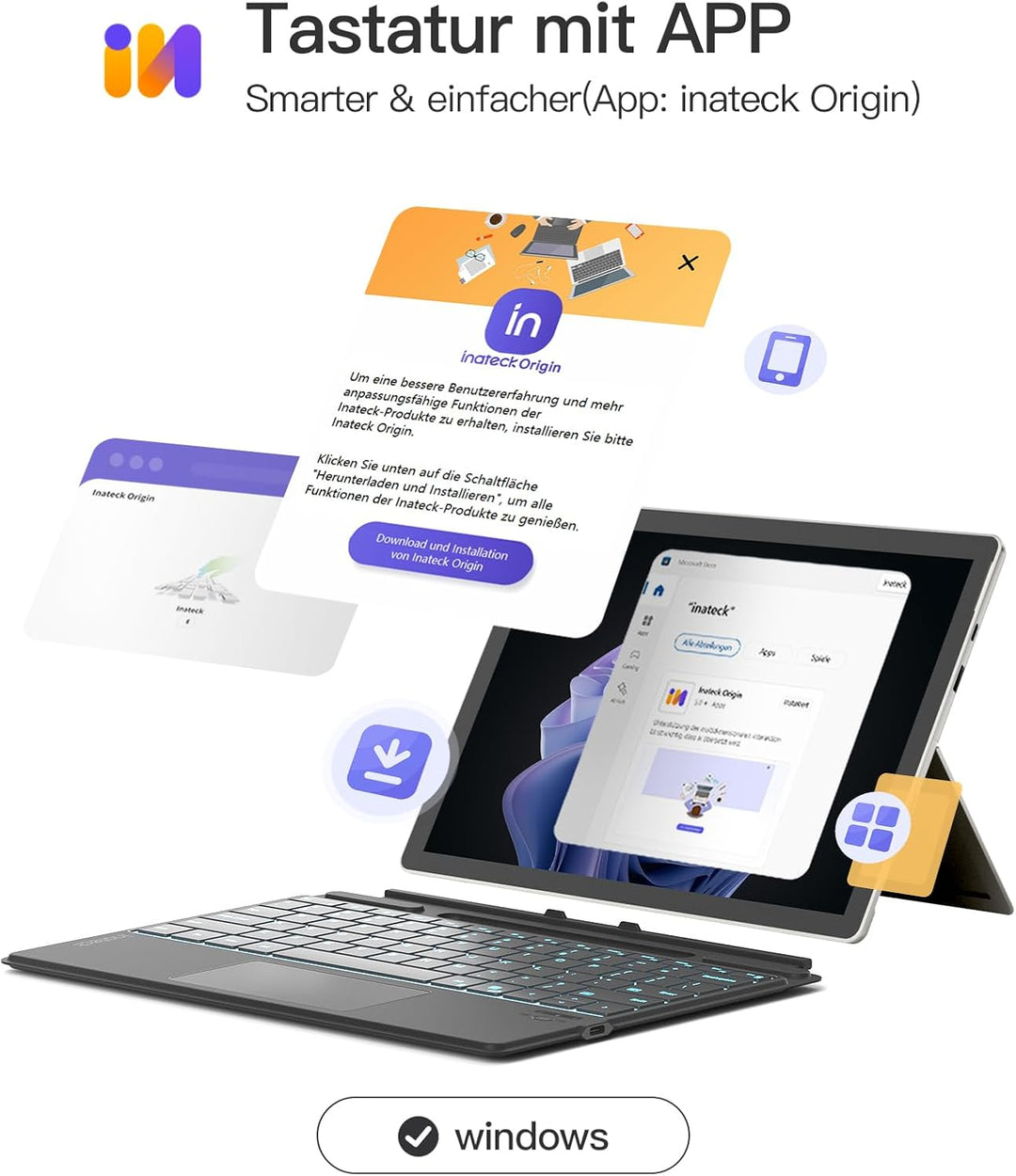 Inateck Surface Pro 11 Tastatur,Kompatibel mit Surface Pro 11/10/9/8/X, KI-Funktion,Tastatur mit Tou