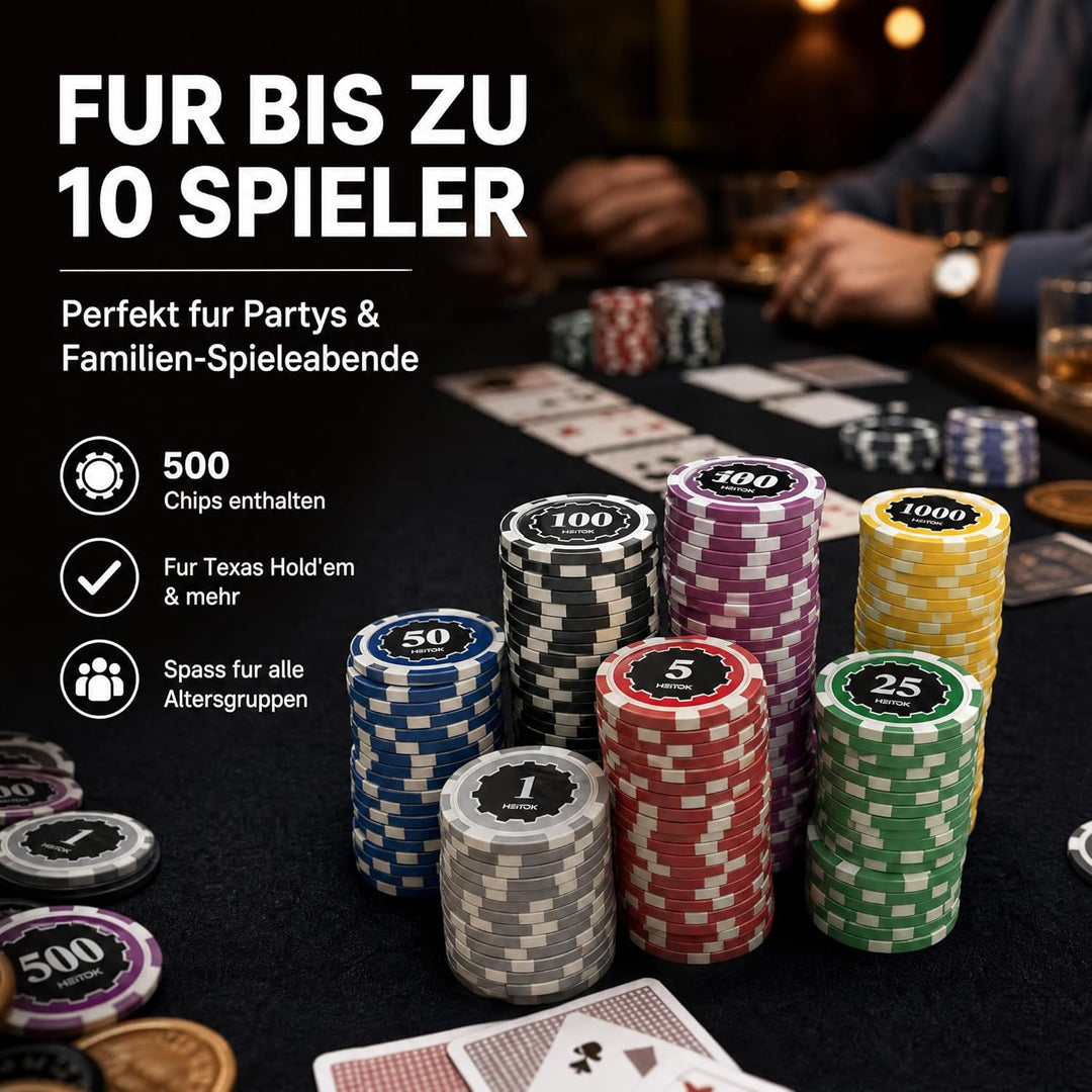 Poker-Set, 500 Stück, 11,5 g Chips mit Nennwerten, Casino-nummerierte Chips-Set mit Aluminiumkoffer,