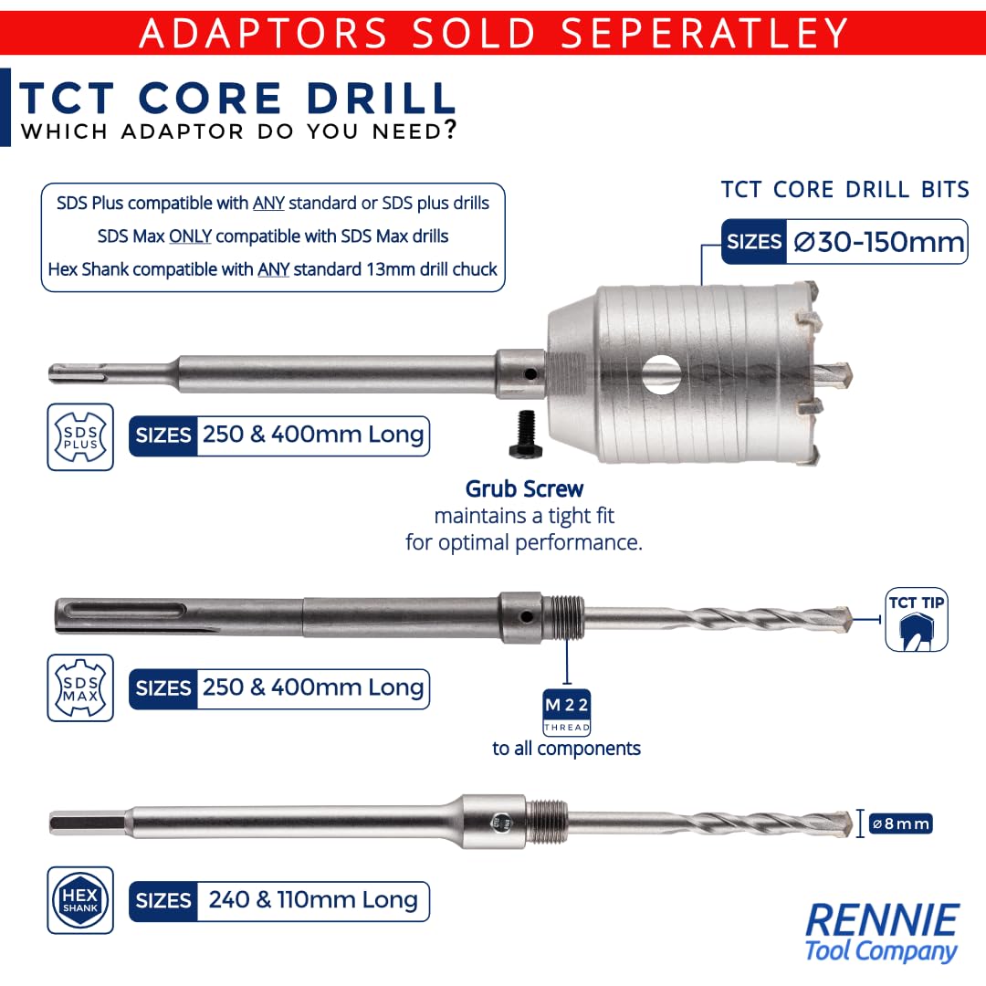 Rennie Tools – 40 mm TCT-Kernbohrer, Wolframkarbid-Spitze, für Beton, Mauerwerk, Ziegel, Porenblock