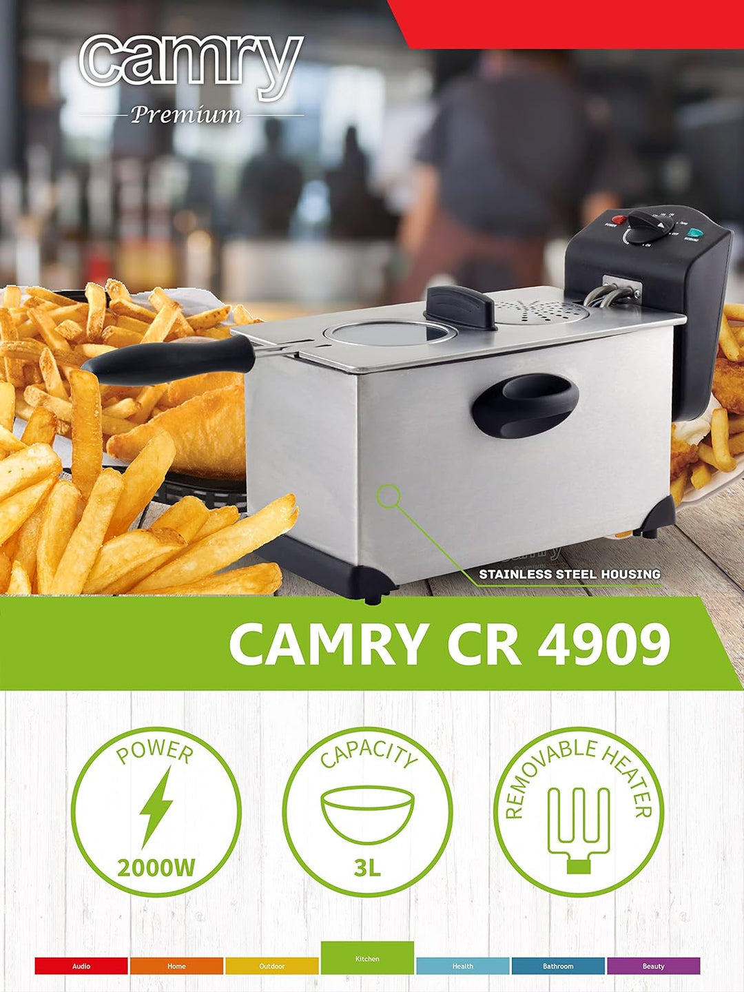 JUNG CAMRY CR4909 Fritteuse mit Öl 3L, automatische Abschaltung, 2000W, Friteuse mit fett, Temperatu