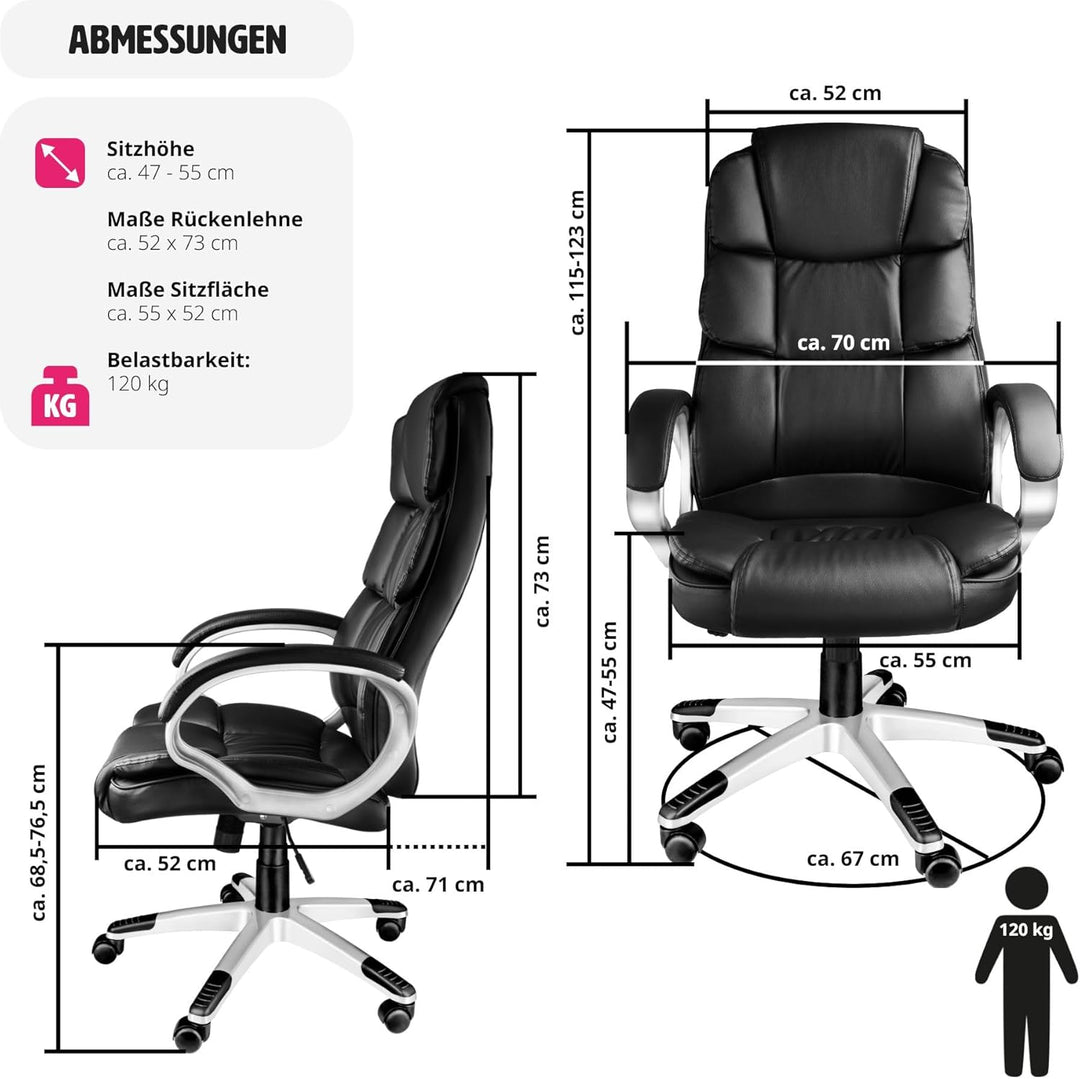 tectake® Chefsessel, Bürostuhl mit 12 cm Polsterung, Schreibtischstuhl mit Armlehnen & Wippfunktion,