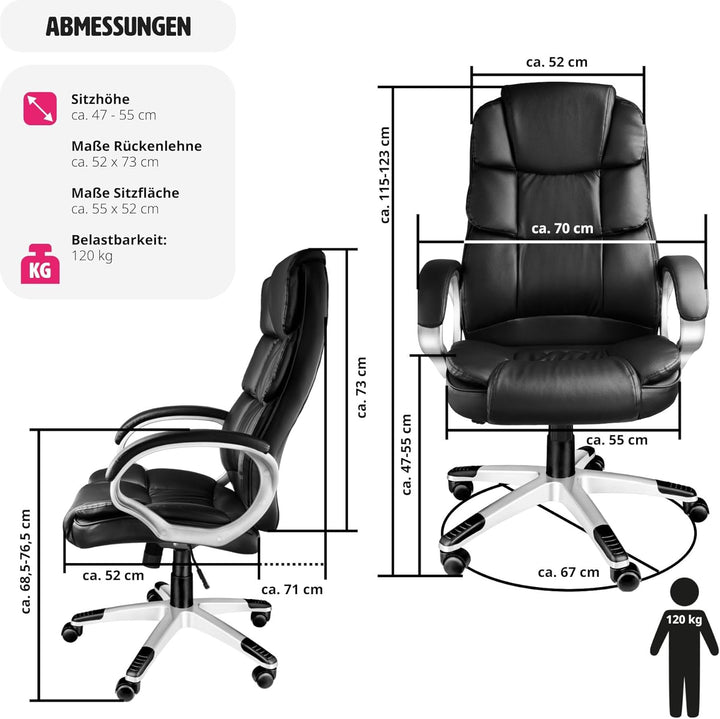 tectake® Chefsessel, Bürostuhl mit 12 cm Polsterung, Schreibtischstuhl mit Armlehnen & Wippfunktion,