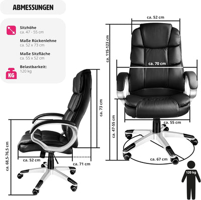 tectake® Chefsessel, Bürostuhl mit 12 cm Polsterung, Schreibtischstuhl mit Armlehnen & Wippfunktion,