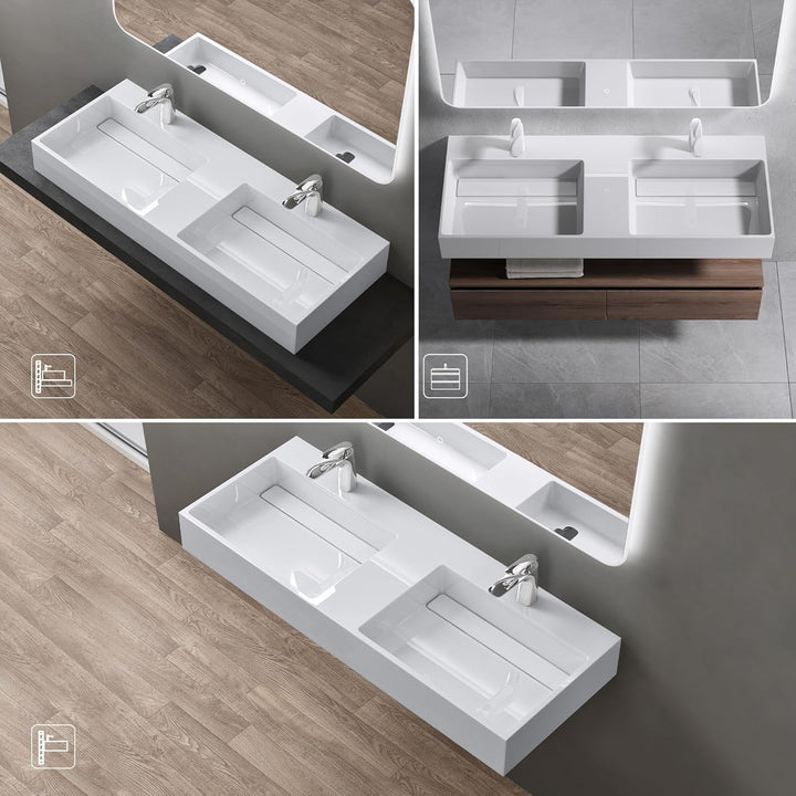 doporro Design Doppelwaschtisch 120x48x13 cm mit verstecktem Ablauf Colossum12 in weiss aus Mineralg