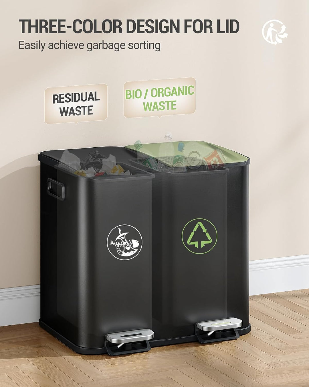 Hzuaneri Mülleimer Küche, 2 x 15 L, Mülltrennsystem 2 Fächer, Mülleimer mit Farbigem Soft-Close-Deck