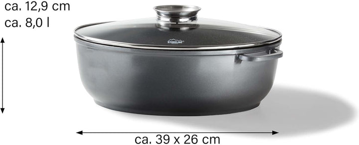 Stoneline Gourmet Bräter, oval, 38,8 x 26,3 cm, 8 L, mit Aroma-Glasdeckel zur dosierten Zugabe von F