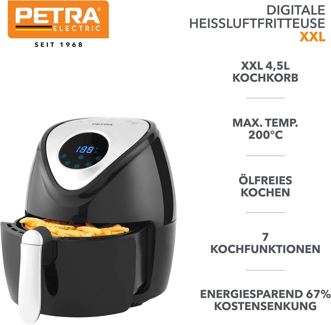 Petra Heissluftfritteuse XXL Airfryer 4,5L Digital, Luftfritteuse mit Timer, Antihaft Kochkorb, 7 Ko