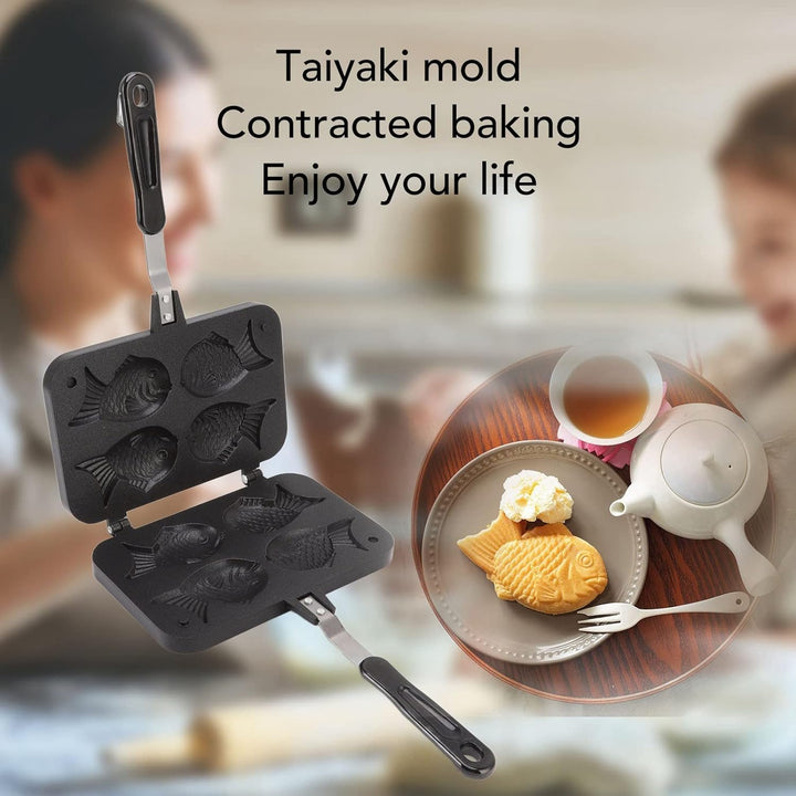 Taiyaki Fish Shape Cake Pan, 4 Trays Non Stick Waffle Cake Maker Pan mit Anti Scalding Handle, Alumi