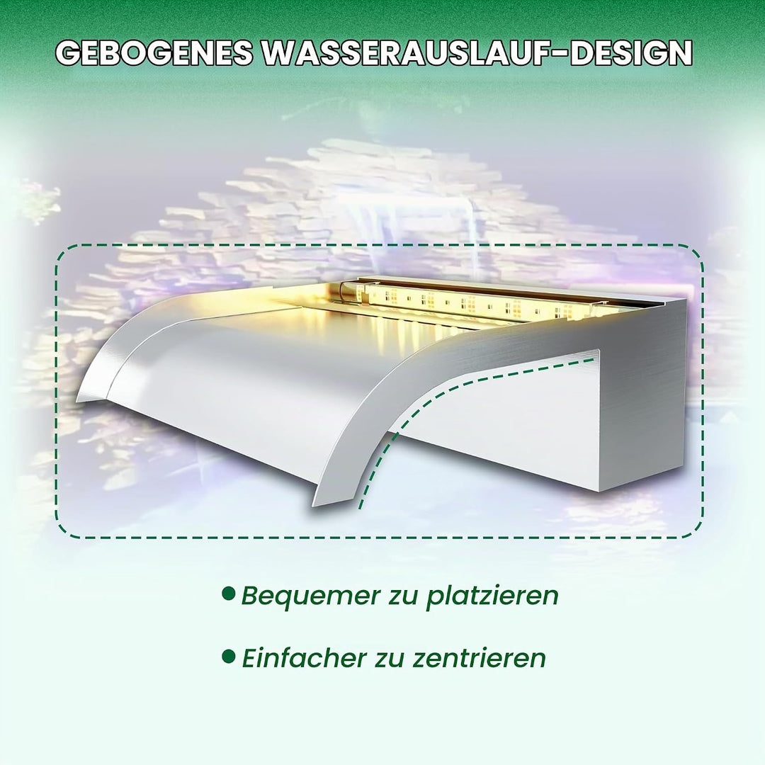 Longrun 60cm Teich Wasserfall Klingen Set, 304 Edelstahl Gebogener Wasserfall mit 7 Farben Bluetooth
