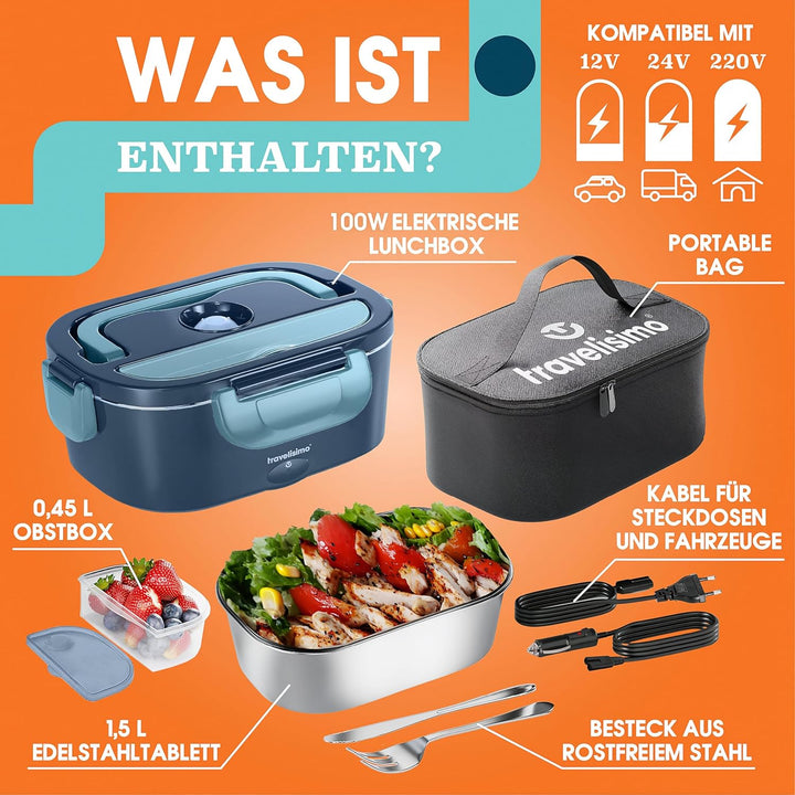 TRAVELISIMO Elektrische Lunchbox 80W Warmhaltebox, 1,5L Edelstahl Wärmebox für Essen 3-in-1 12V/24V/