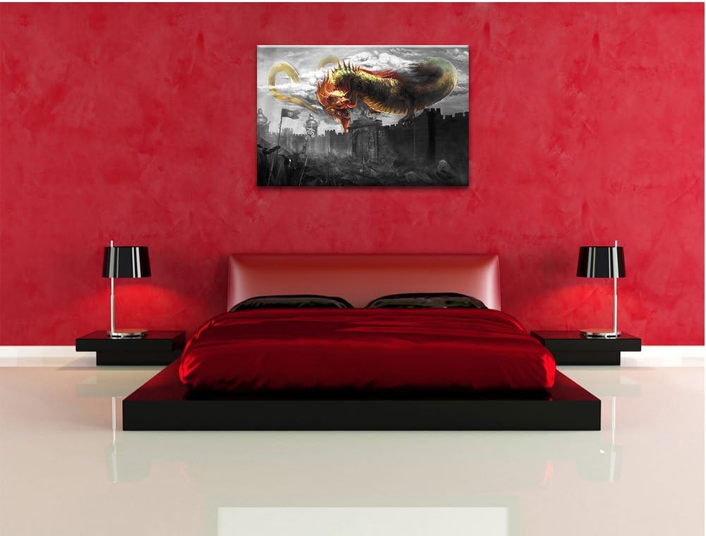 Pixxprint chinesischer Drache über der Festung B&W Detail, Format: 100x70 auf Leinwand, 100x70